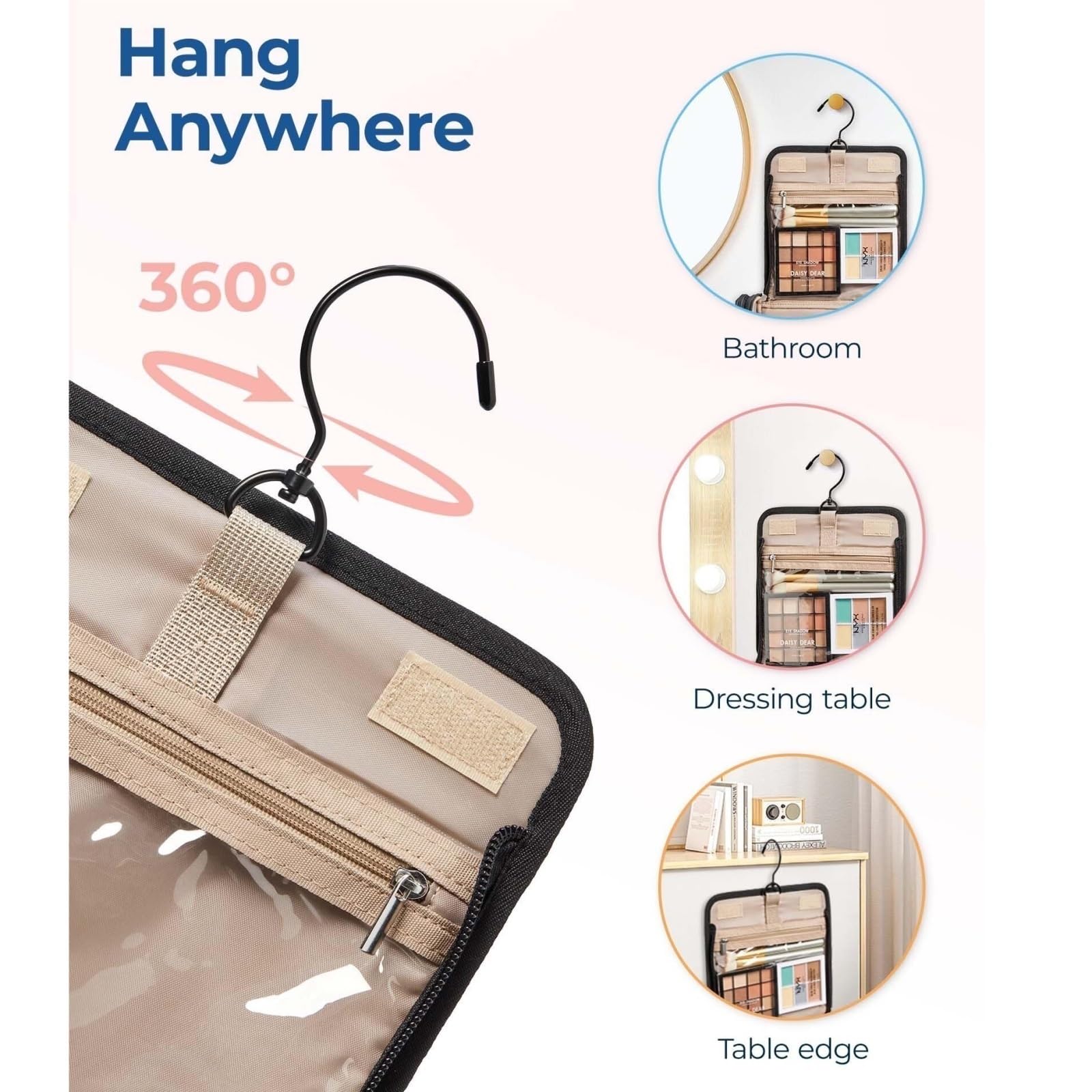 Neceser Maquillaje Neceser Mujer Bolsa De Cosméticos For Mujer con Gancho, Bolsa De Cosméticos Portátil Que Puede Contener Cosméticos Y Artículos De Tocador Bolsa De Maquillaje(Black)