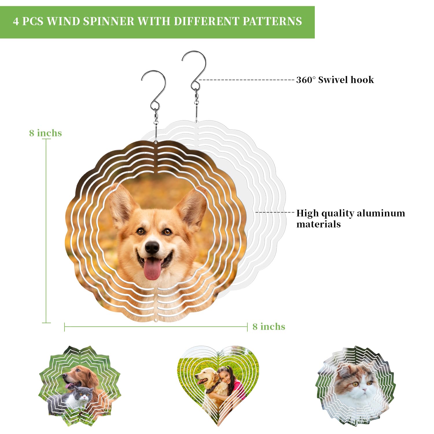 Encooldesty 4 pcs 8 inch Sublimation Wind Spinner Blank,Hanging Wind Spinners Sublimation Blanks,Aluminum Metal Wind Sculptures,Indoor Outdoor Garden Decoration