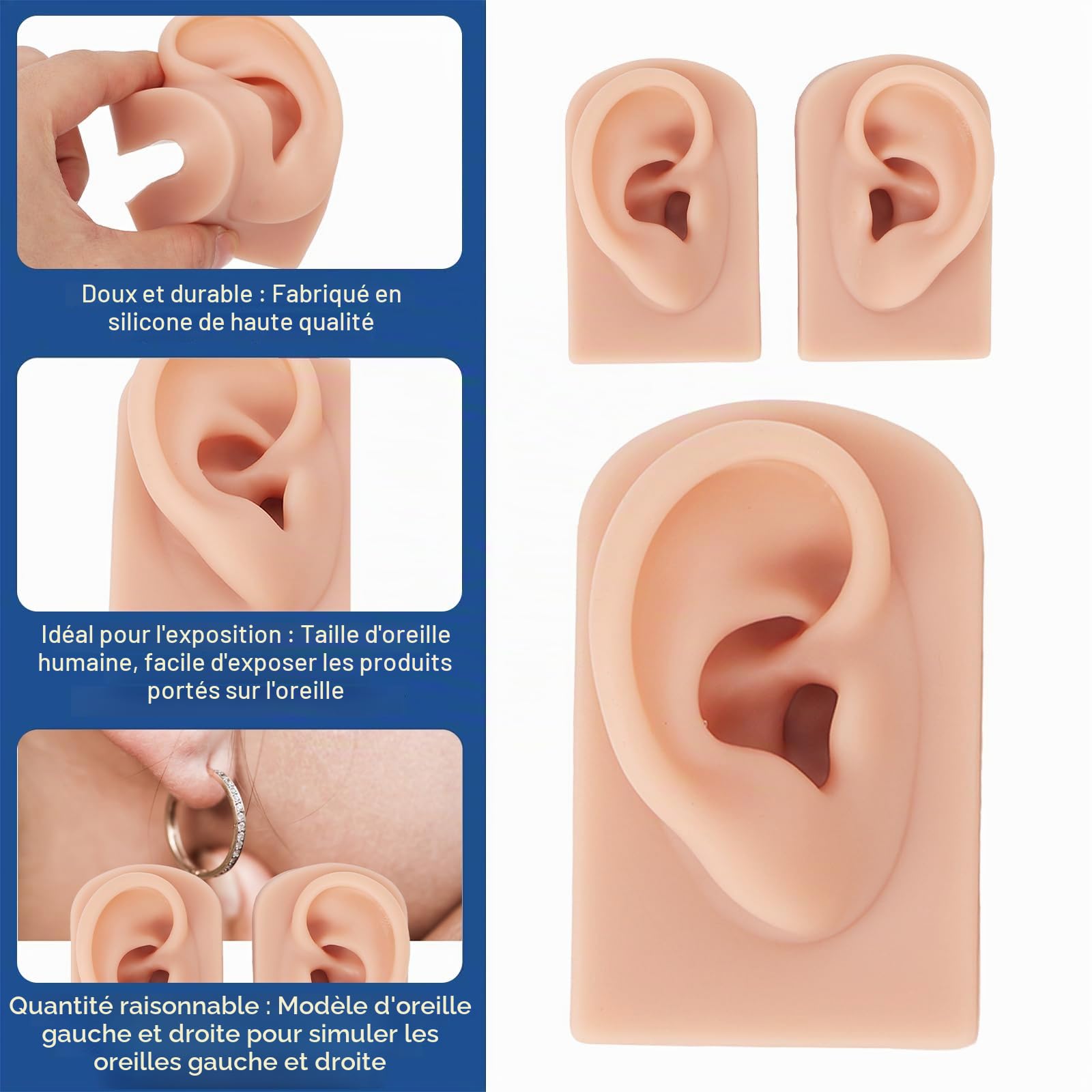 Modèle d'oreille en silicone souple, 2pcs Modèle d'oreille en silicone souple, Modèle de fausse oreille, Modèle de boucles d'oreilles pour l'étude, la pratique, les outils(Couleur chair moyenne)