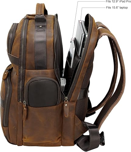 Miniatura 8 de TIDING Mochila de cuero vintage para hombre de 15.6 pulgadas, bolsa para laptop de gran capacidad, viajes de negocios, senderismo, mochilas de hombro