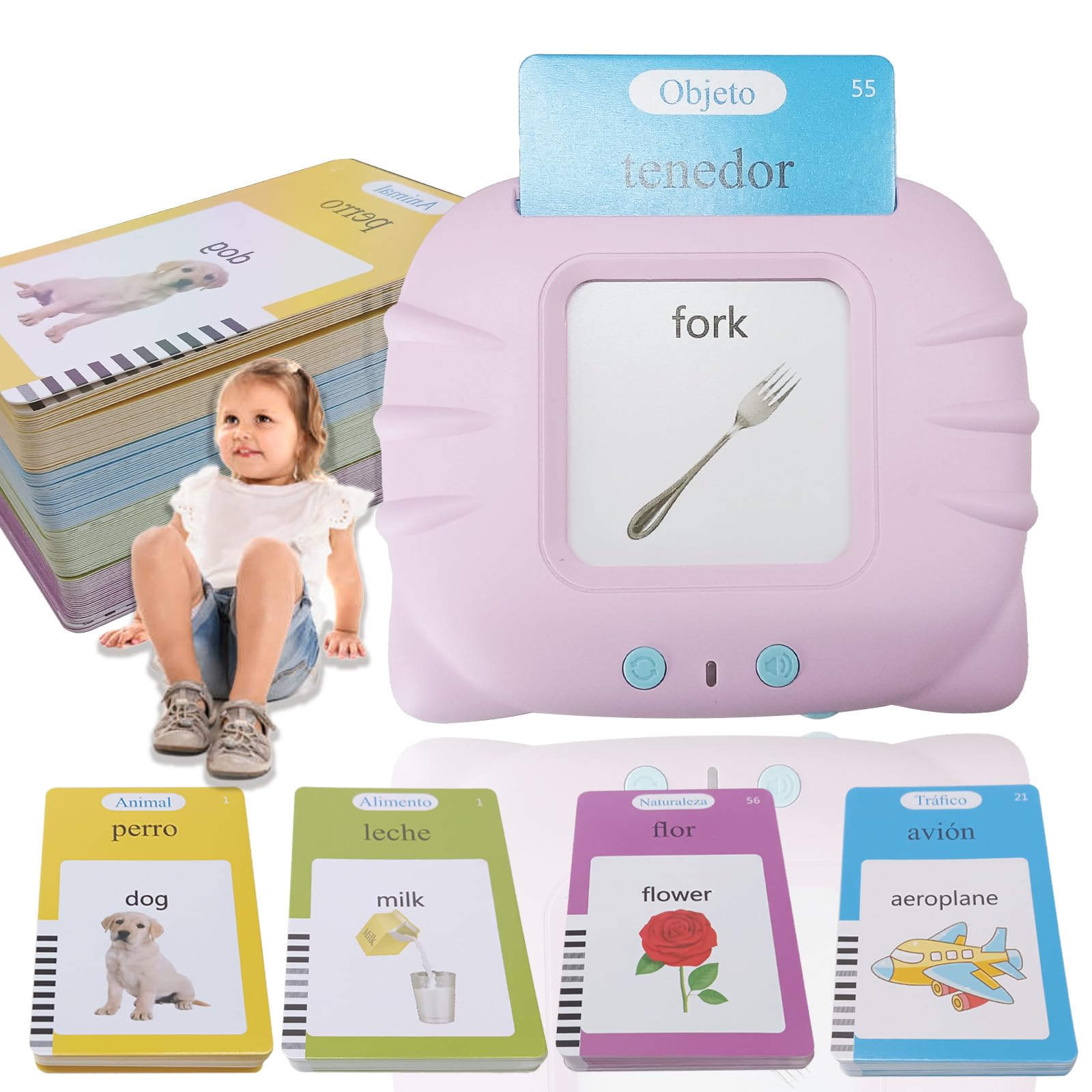 Talking Flash Cards Learning Toys,Educational Toys, 112 Flash Cards 224 Words, Bilingual (Spanish And English), Preschool Learning Reading Machine for 1 2 3 4 5 6 Year Old Boys and Girls