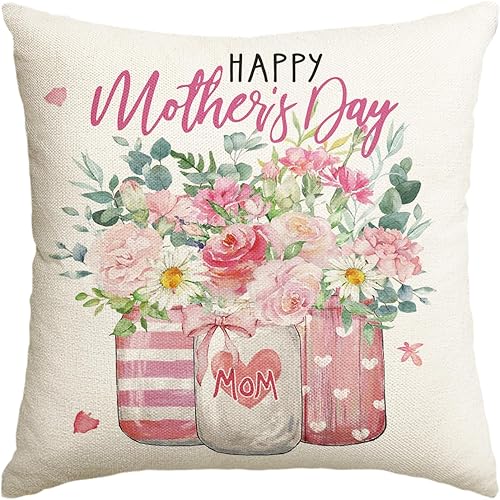 AVOIN colorlife Funda de almohada para el Día de la Madre, 18 x 18 pulgadas, jarrones de flores, regalo para mamá, funda de cojín decorativa para