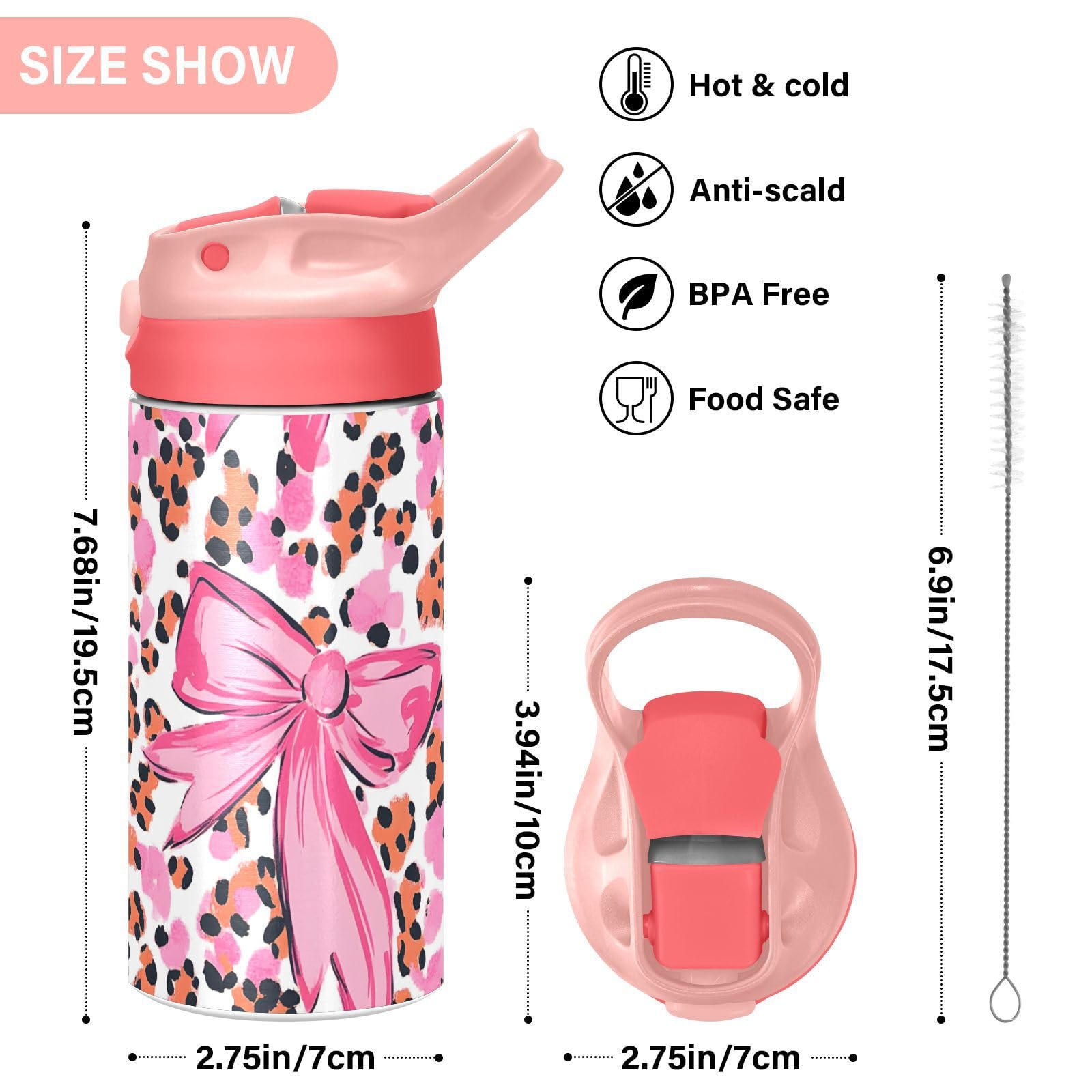 Borraccia termica per bambini con stampa leopardata e fiocco rosa, tazza da viaggio con cannuccia e manico, tazza in acciaio inox, per viaggi, scuola, ragazze, 350 ml