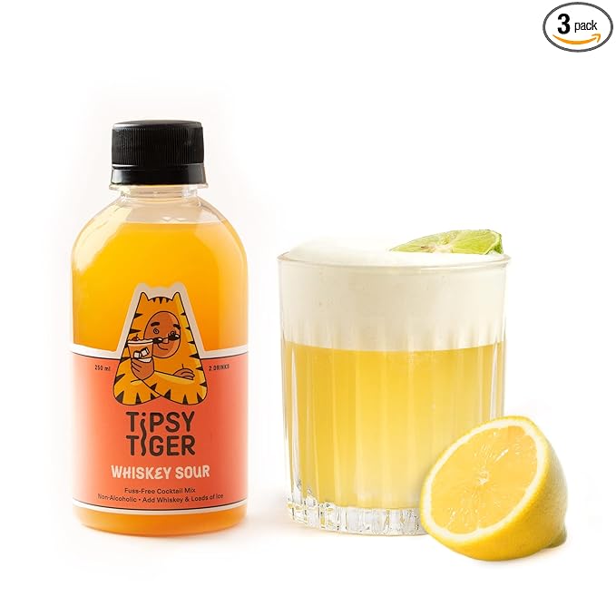 Tipsy Tiger Whiskey Sour, Whiskey Cocktail Mixer, Makes 6 Drinks, Less Than 3% added Sugar, 250ml (Pack of 3 bottles, Coaster & eco-friendly bamboo stirrers), Fuss Free- Just add Ice and Alcohol