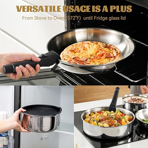 Miniatura 5 de ROYDX- Juego de 16 ollas y sartenes, juego de utensilios de cocina de acero inoxidable 1810 con asas desmontables ajustables para caravana, apto