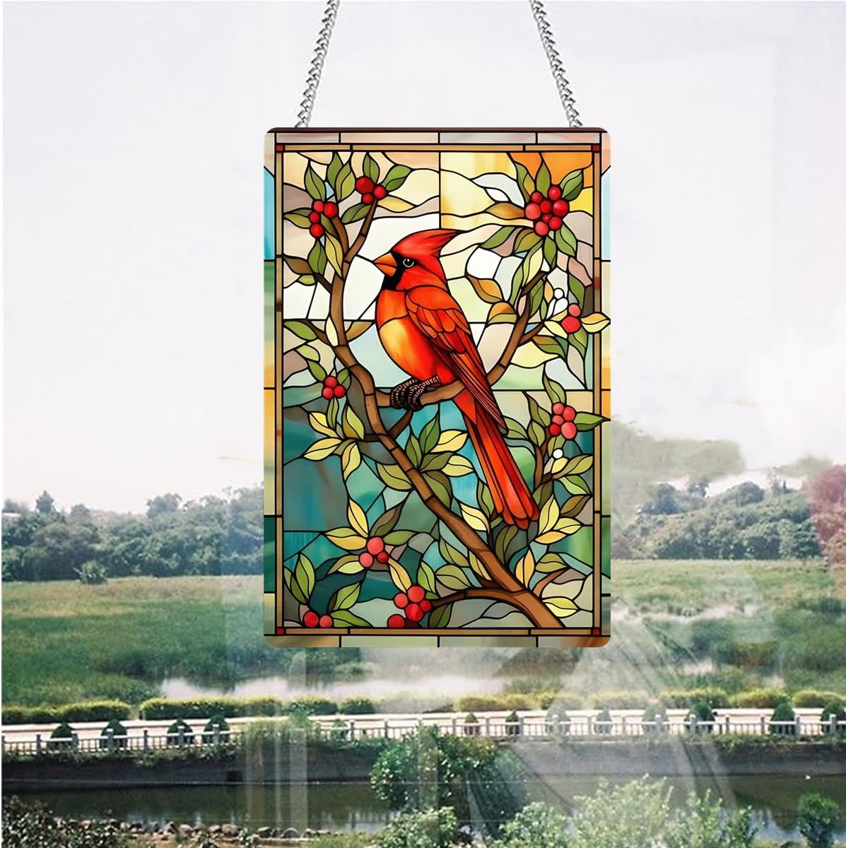 Large Acrylic Stained Glass Style Hanging Decor - Northern Cardinal Bird with Berry Branch Design, Ideal for Home Decoration for Mom, Grandma, Teacher & Bird Lovers