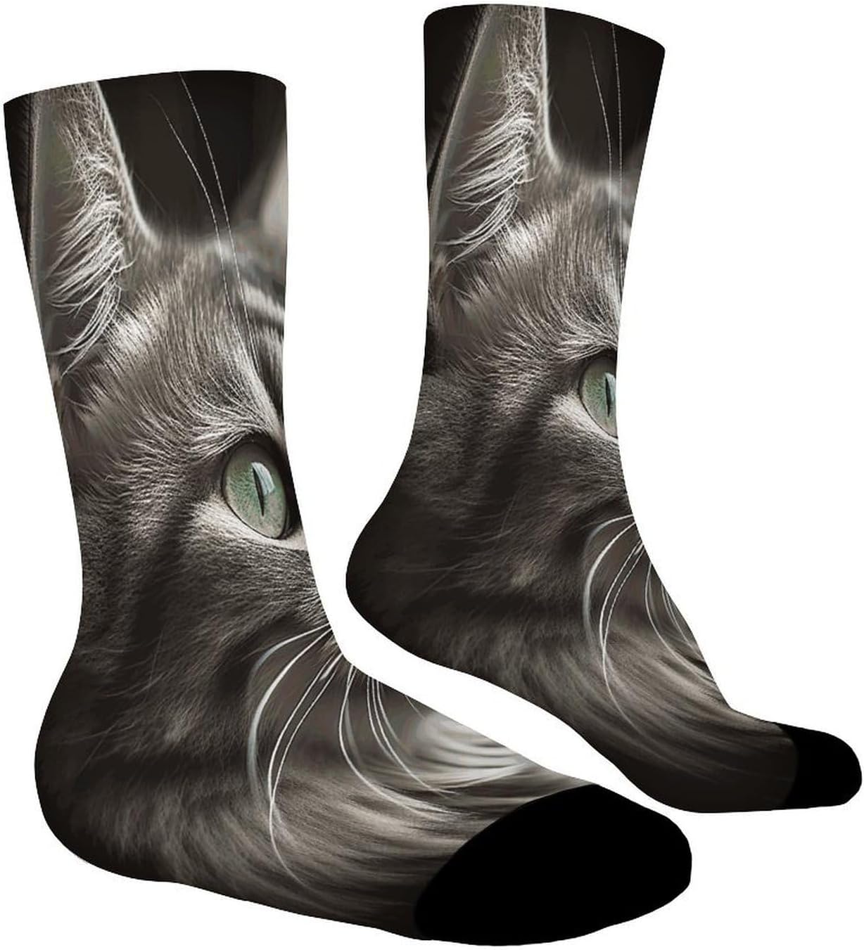 Gray Cat with Green Eyes Crew Sock High Stocking Grippy Socks | Socks for Men & Women,Stockings-Long Thin Tube Sports, Breathable Soft Athletic for Nurses,Travel