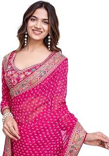Ekasya Women Georgette Pink Geometric Pattern Printed Embroidery Saree with Unstitched Blouse (E6253_1) - Elegant and Intr... Price In India