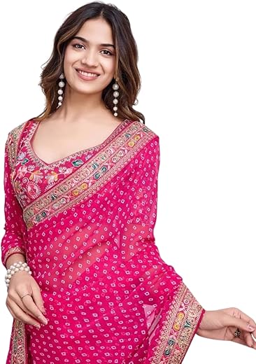 Ekasya Women Georgette Pink Geometric Pattern Printed Embroidery Saree with Unstitched Blouse (E6253_1) - Elegant and Intr...
