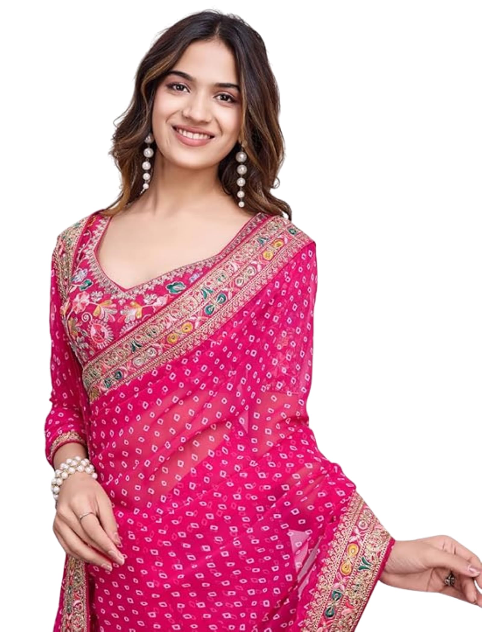 Women Georgette Pink Geometric Pattern Printed Embroidery Saree with Unstitched Blouse (E6253_1) - Elegant and Intricate Embroidery, Lightweight, Perfect for Casual & Semi-Formal Occasions-image-39