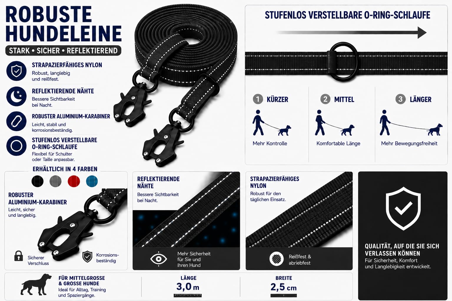 Lina Pet Hundeleine 3m x 2,5 cm, Verstellbare Doppelleine aus Nylon mit Aluminium-Karabiner, Führleine Reflektierend für große und mittelgroße Hunde