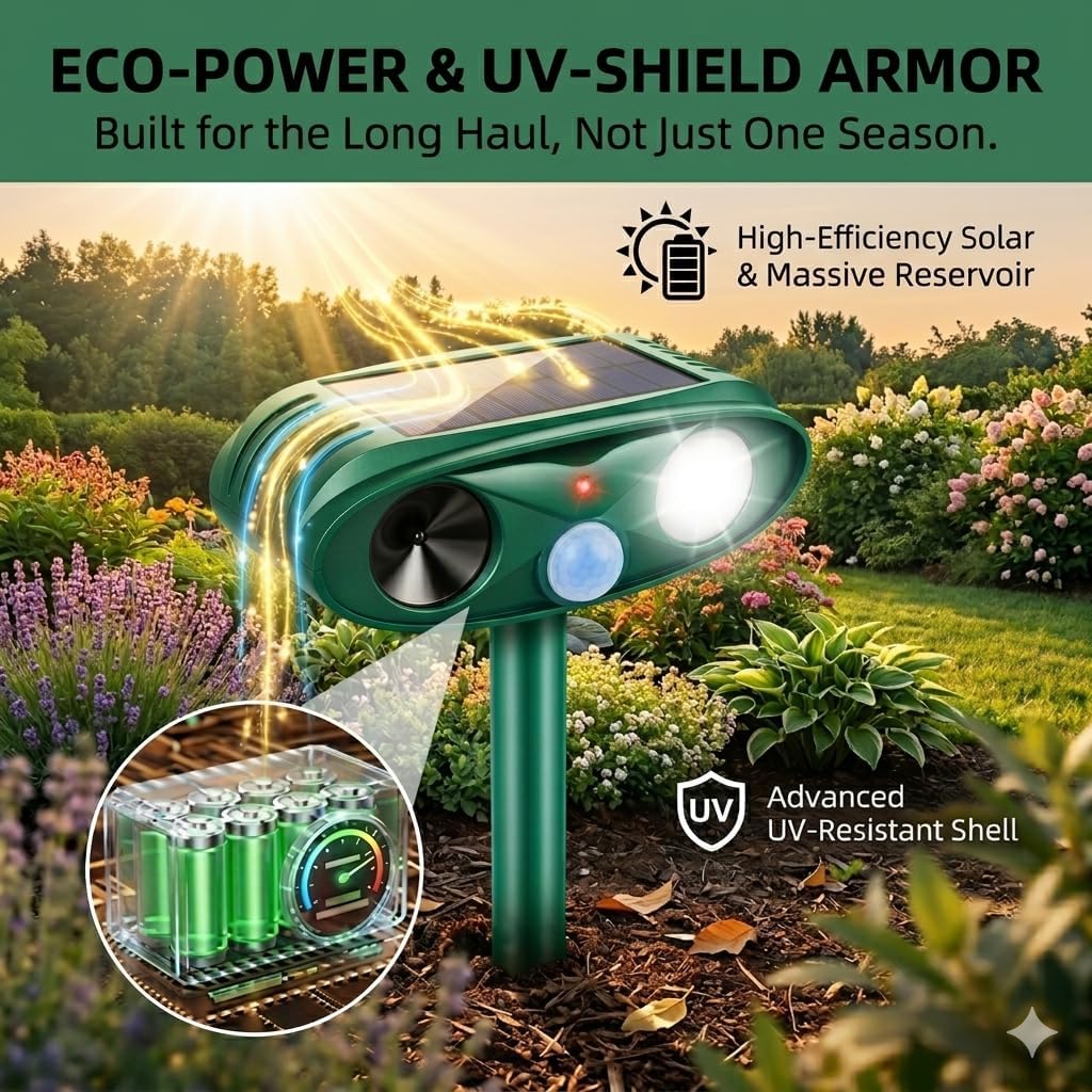 4Pack Sonic Fortress Pro Deer Repellent Devices Squirrel Rabbit Cat Raccoon Fox Deterrent Solar Ultrasonic Animal Repellent Outdoor with Motion Activated Strobe Light for Yard Lawn Garden Protection