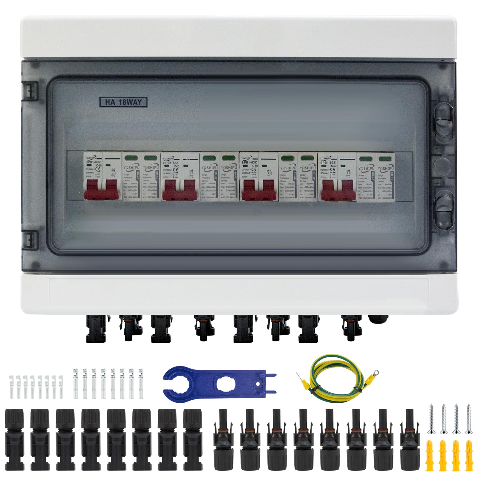 Protección Contra Sobretensiones Fotovoltaica, Disyuntor CC 40 A/1000V, (4 in 4 Out) Disyuntor de Protección contra Rayos, Caja de Conexión Solar Fotovoltaica IP65 a Prueba de Agua
