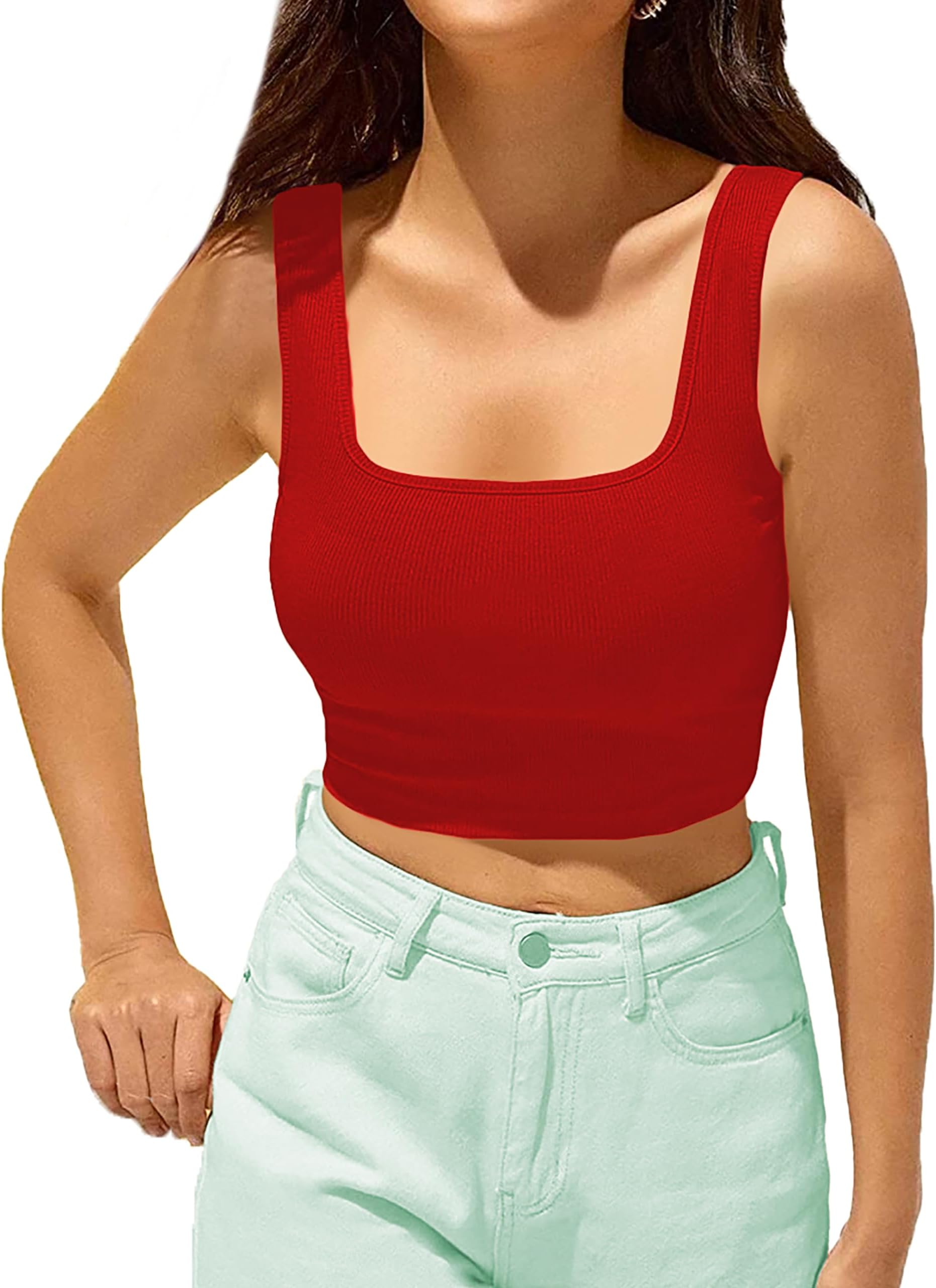 Women's Lycra Stretchable Sleeveless Square Neck Basic Solid Regular Fit Latest Crop Top/Camisole for Women L379