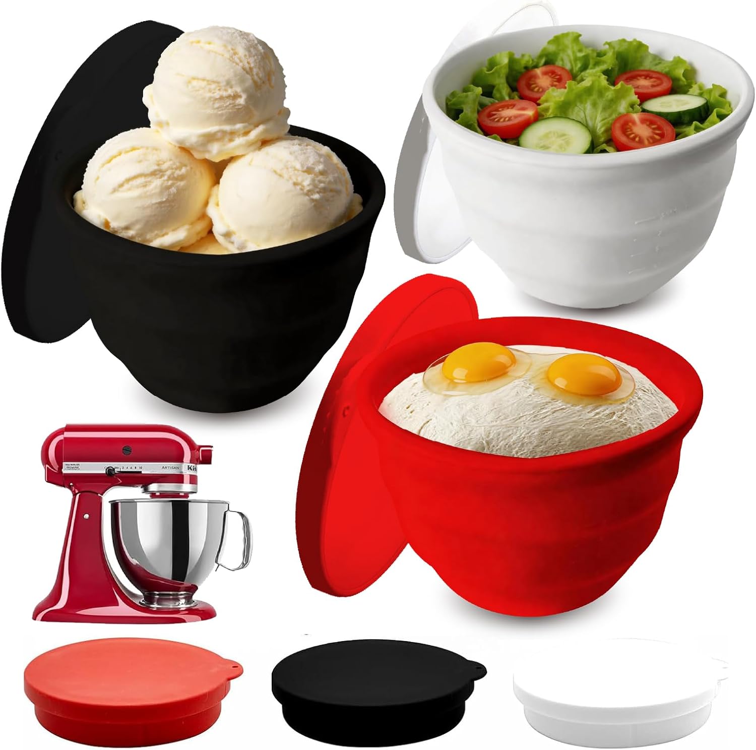Silicone Bowl Liners for KitchenAid 5 Qt Stand Mixer, Foldable, Thick, Suitable for Both Hot and Cold Use, Easy to Clean for Cooking, 3 Silicone Mixing Bowl Insert with 3 Lids(Black White Red)