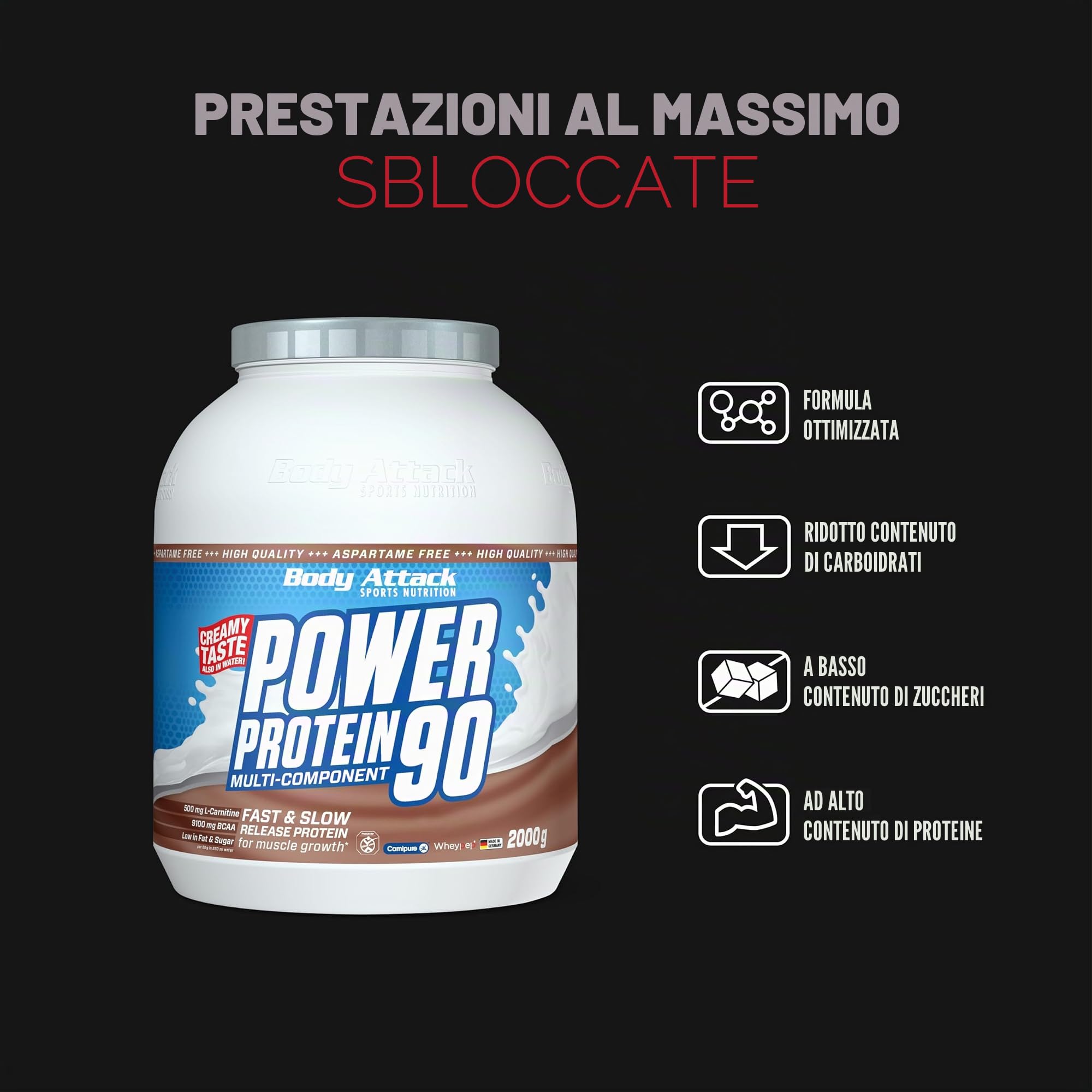 Body Attack Power Protein 90, Cioccolato, 2 kg, 5K proteine in polvere con proteine del siero di latte, L-carnitina e BCAA per la costruzione muscolare e il fitness