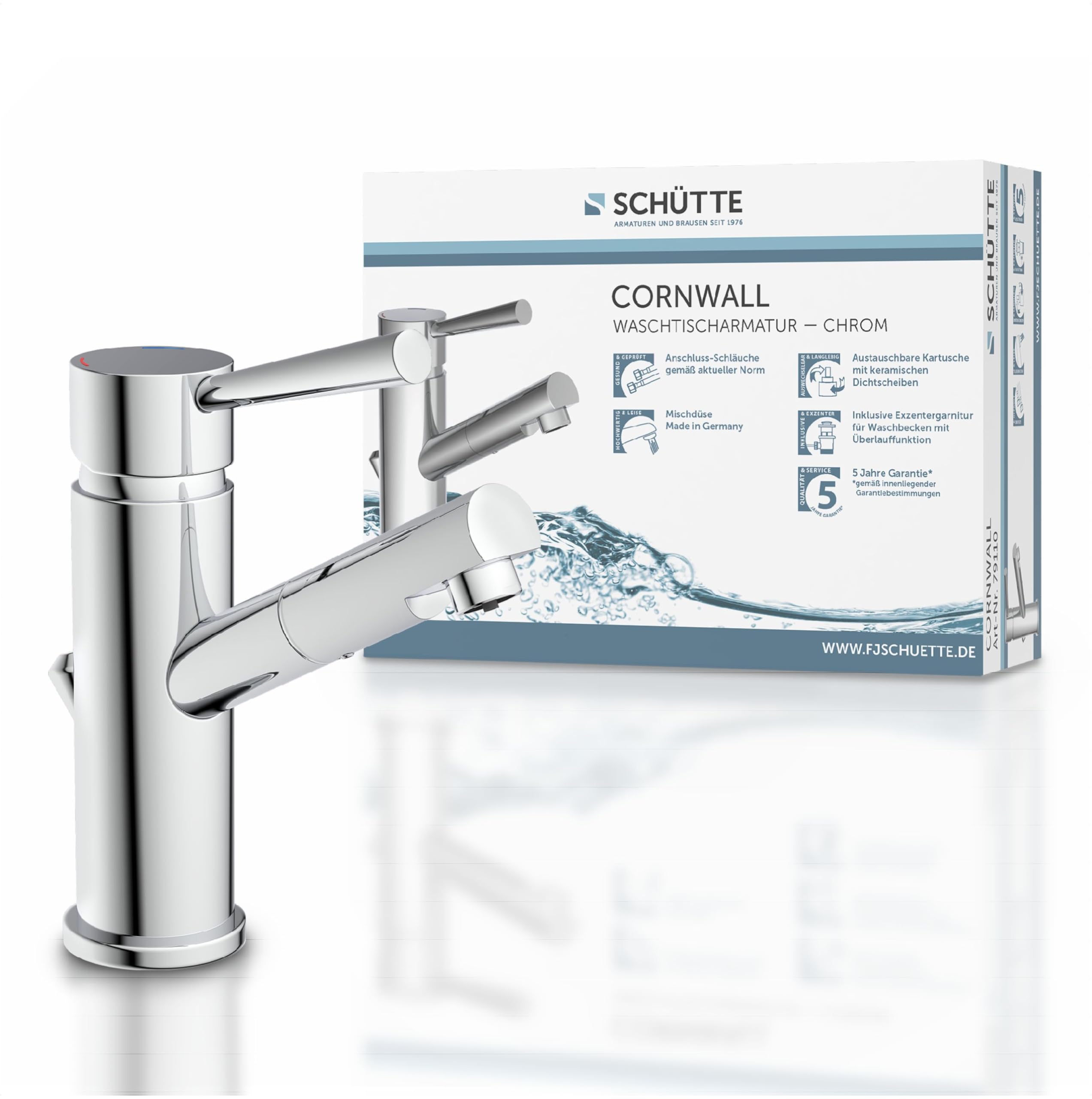 Miscelatore per lavabo SCHÜTTE Cornwall, miscelatore per bagno, rubinetto per bagno, miscelatore monocomando con scarico a scomparsa, cromo, metallo, alta pressione
