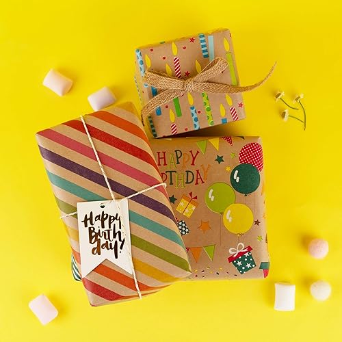 Miniatura 5 de RUSPEPA Papel de Regalo Kraft - Diseño Colorido de Envoltura de Cumpleaños - 4 Rollos - 30 pulgadas x 10 pies por rollo