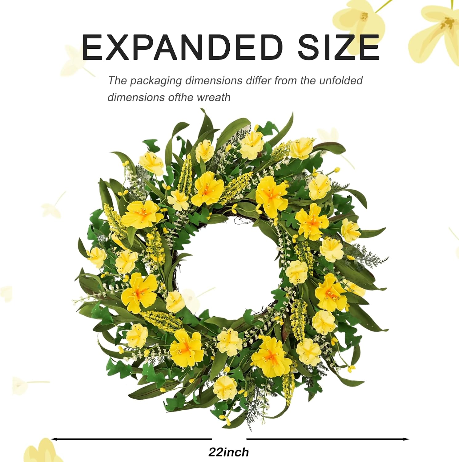 22 Inch Spring Summer Wreaths for Front Door, Artificial Flowers Wreath with Yellow Floral Green Leaves Berries and Grain Spikes, Farmhouse Wreath for Front Porch Wall Indoor Outdoor Home Decor