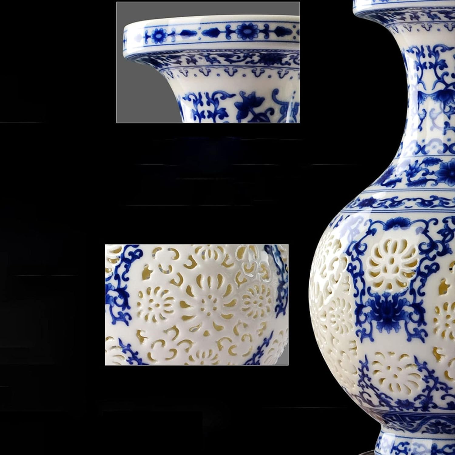 Vase Jingdezhen Vase Keramik handgefertigt hohl Geschnitzte blau und weiße Porzellanklassische Vase -Vase (Farbe: Standard)