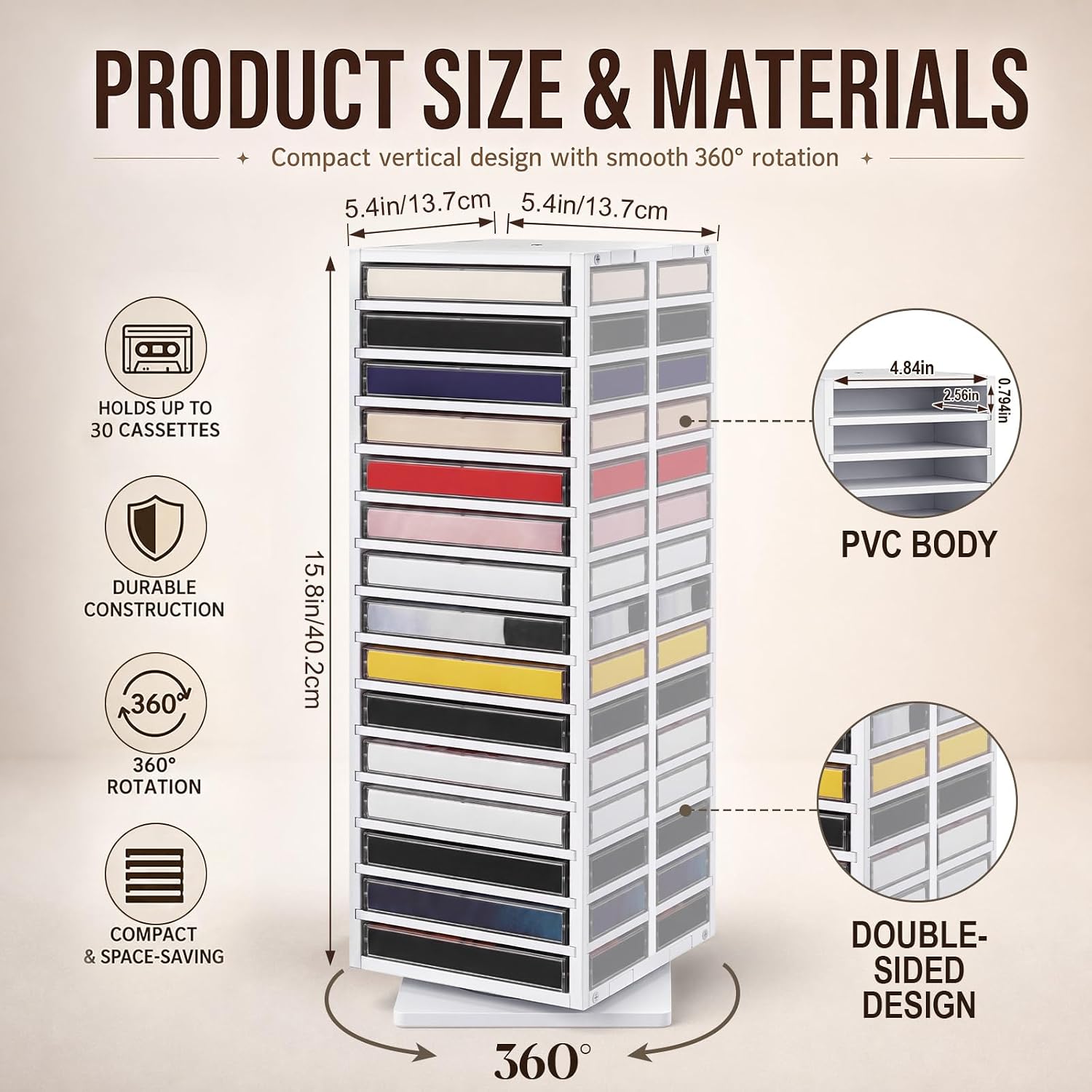 360° Rotating Cassette Tape Storage Rack, 30-Capacity Double-Sided