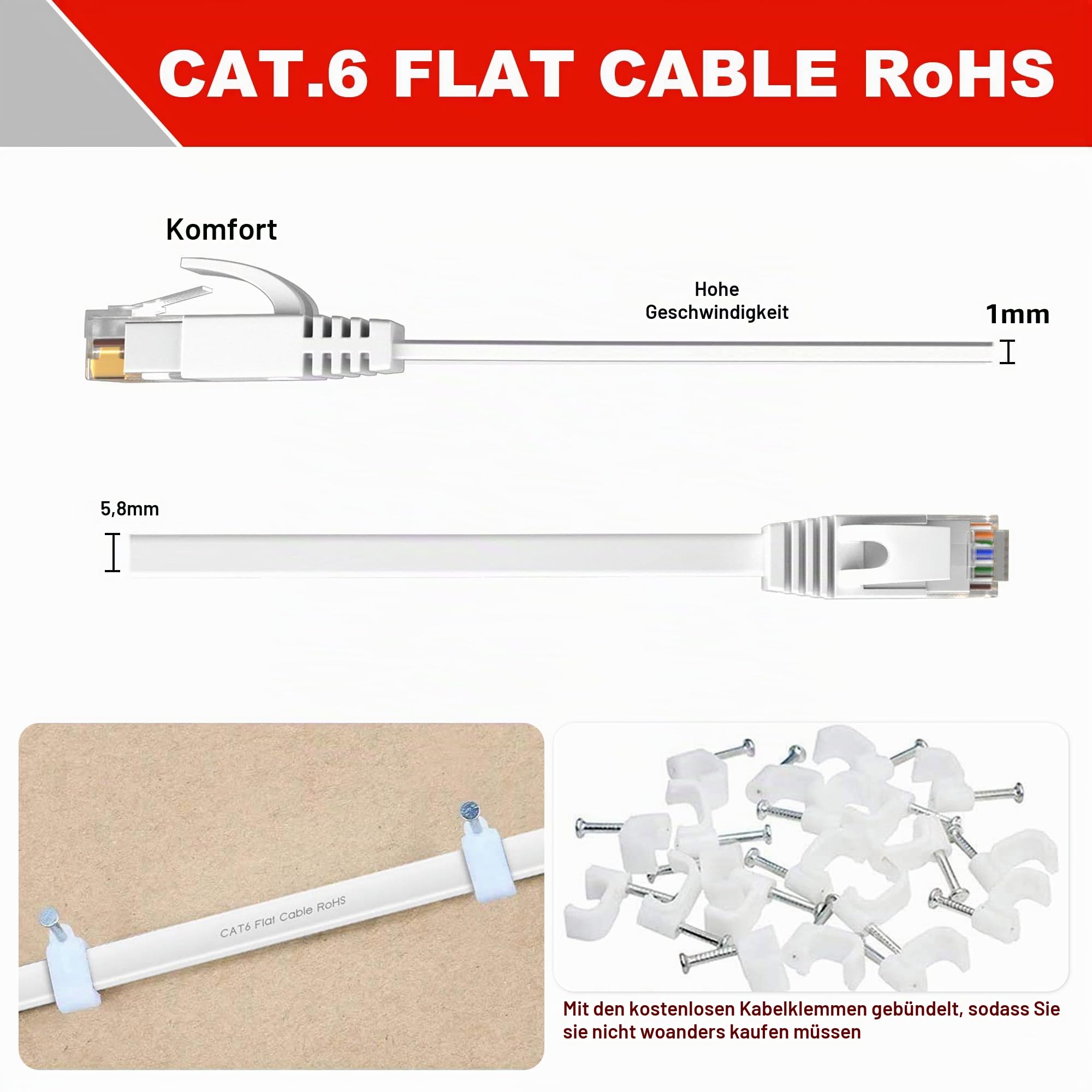 LAN Kabel 50 meter Outdoor Indoor, Netzwerkkabel 50m Weiß Cat 6 Ethernet Kabel, Hochgeschwindigkeits Langes Flach Gigabit RJ45 Internetkabel 250MHz 10/100/1000Mbps, für Router Switch Modem (50 Clips)