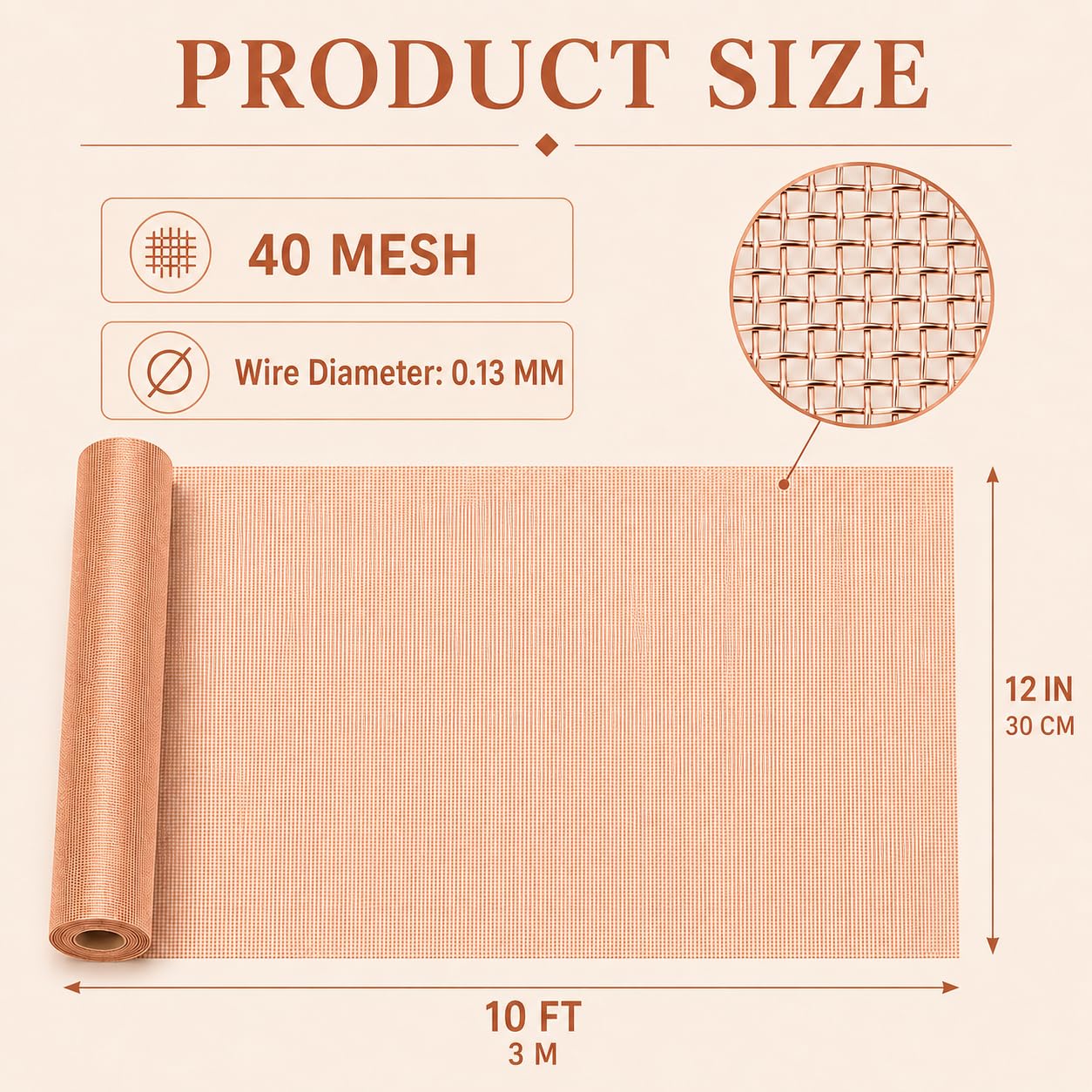 Copper Mesh Screen Roll, 99.9% Pure, 40 Mesh, 12 in x 10 ft
