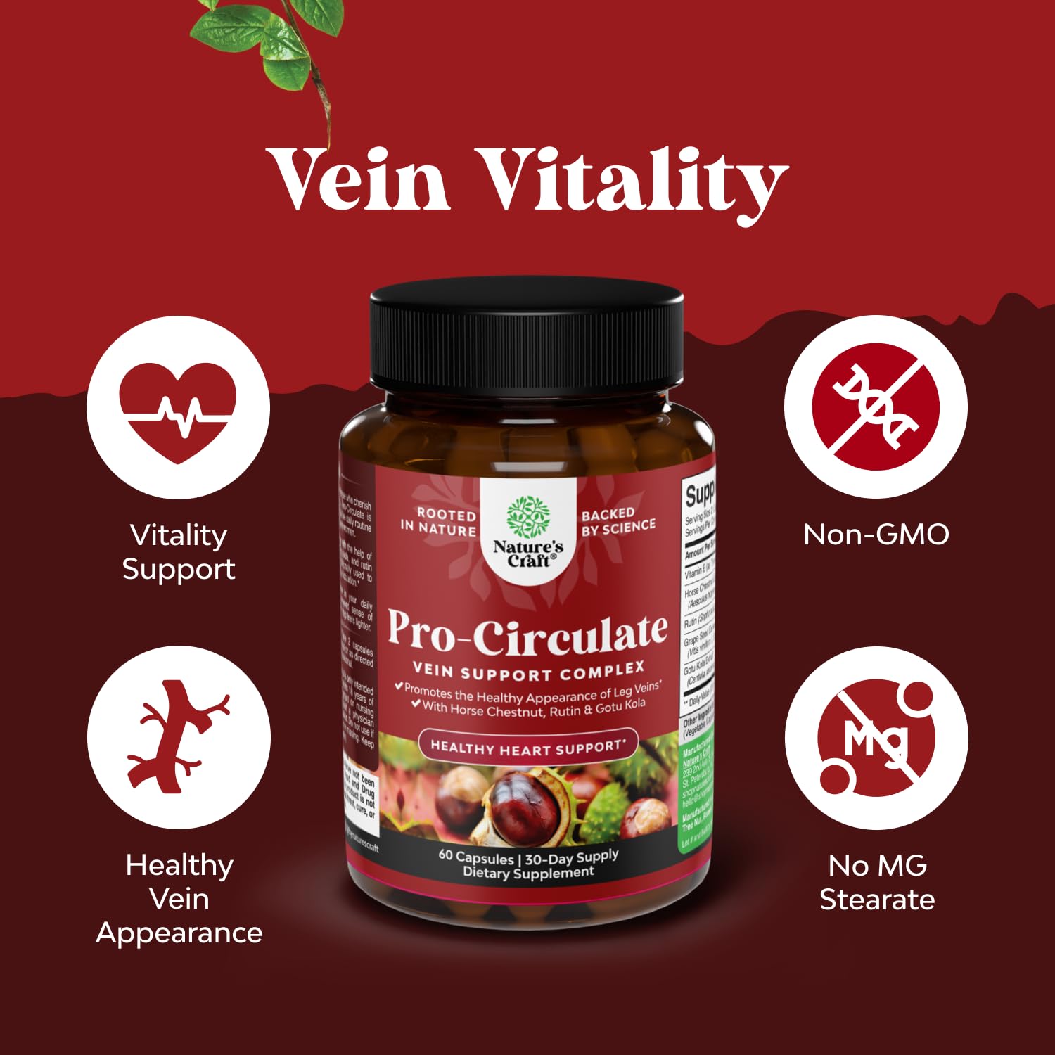 Natures Craft Vein Support Supplement for Leg and Veins - Full Body Supplement for Spider & Varicose Veins and Improved Flow with Horse Chestnut Extract - Vegan Non-GMO Capsules - 60 Count — Amazon image 4