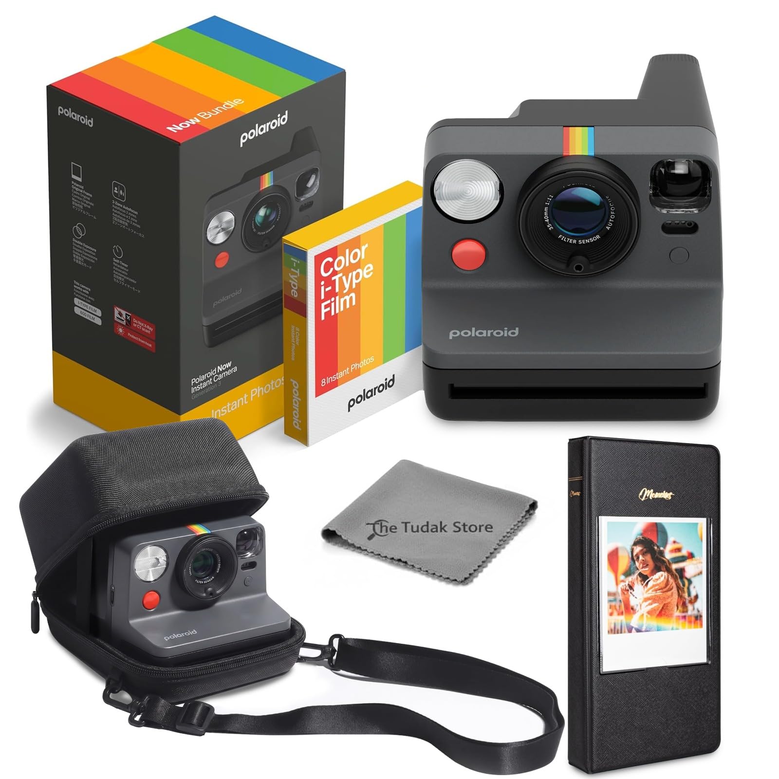 polaroid now 3rd generation i-type instant film camera, black + 8 color film photos + tudak accessories bundle, incl. compatible carrying case, 64-pocket photo album & microfiber cleaning cloth