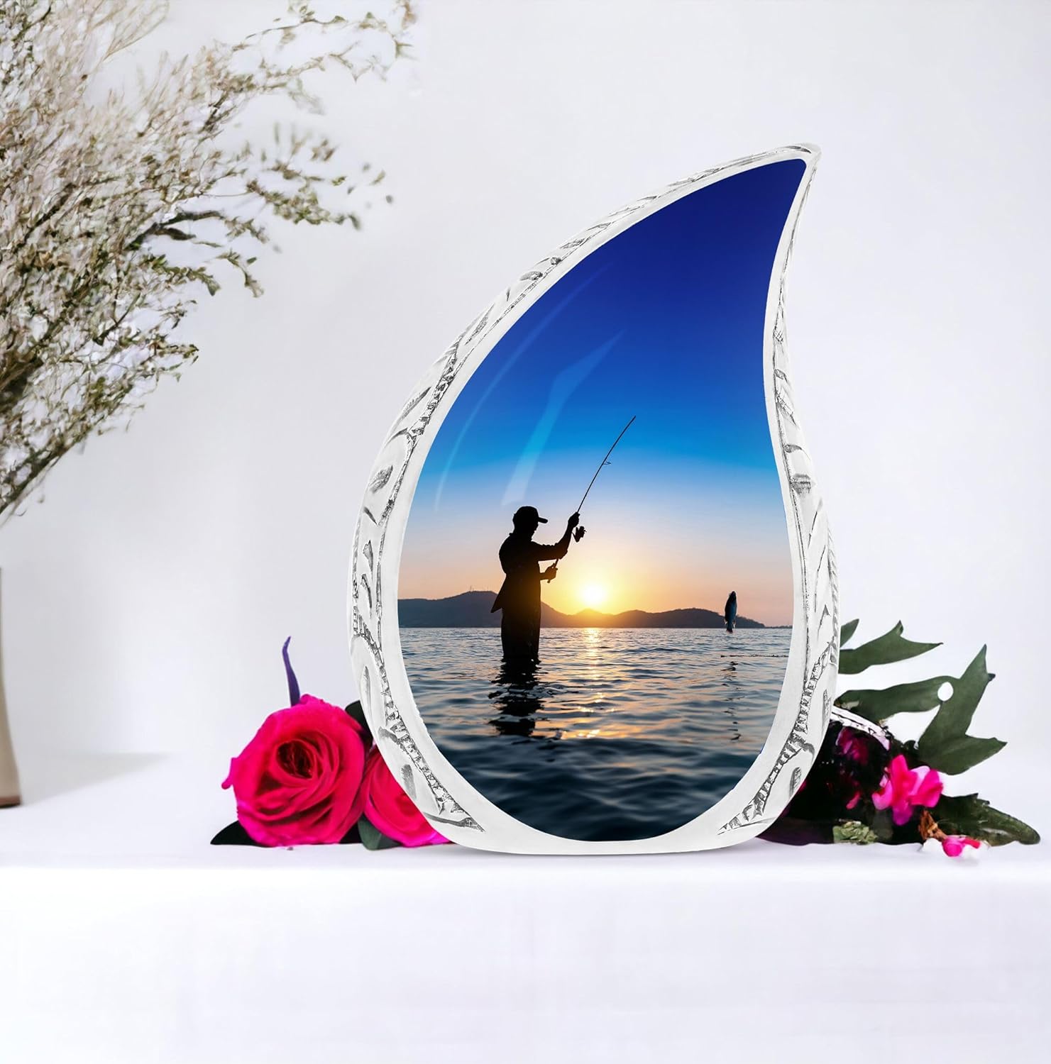 Sunset Fishing Urns for Human Ashes Adult Male, Large Cremation Urn for Human Ashes Female, Funeral Decorative Ashes Mom & Dad 10 Inch
