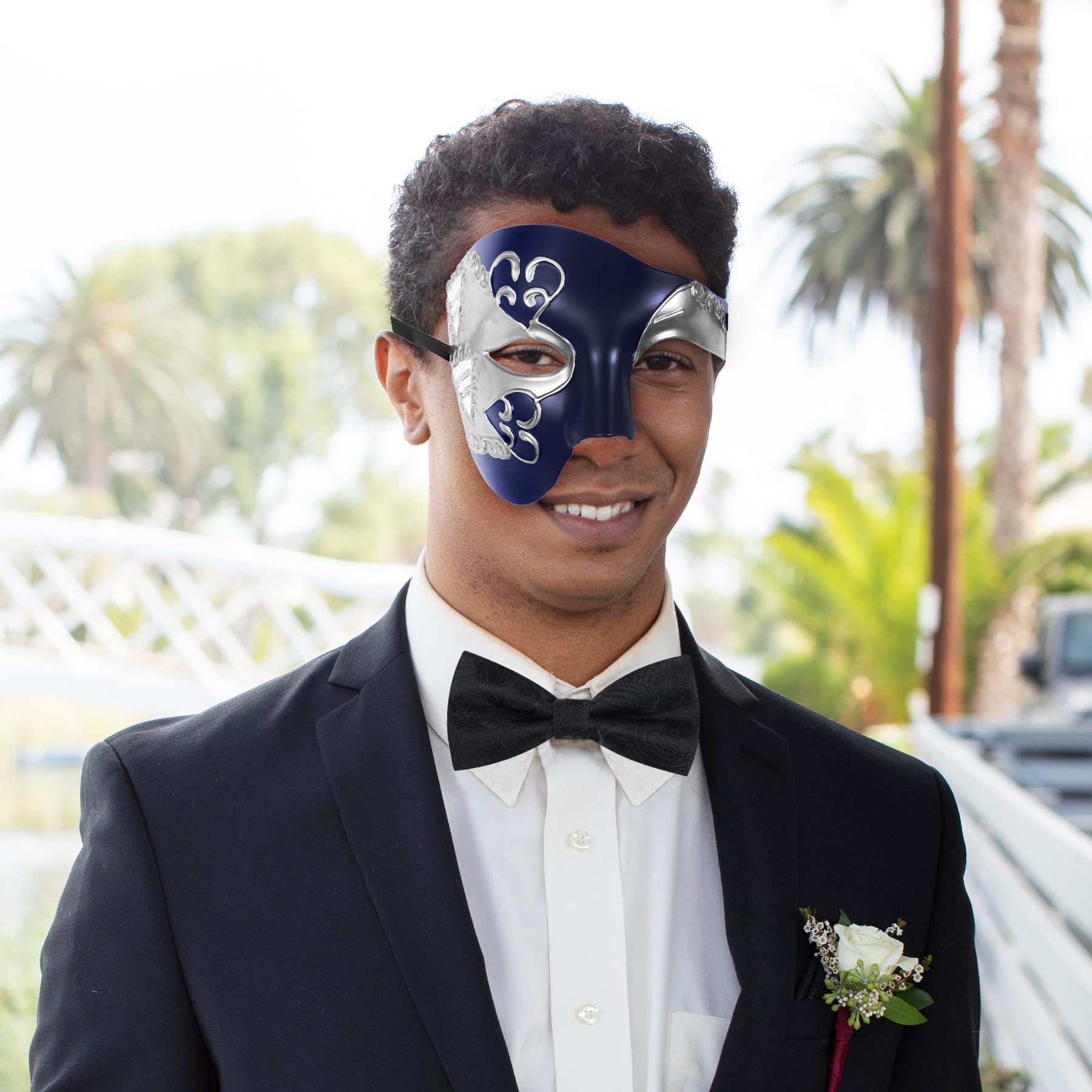 Oidea Masquerade Mask for Men: Vintage Phantom of The Opera Mask Costume Prom Half Face Party Mask with Black Bow Tie, Blue - Image 2