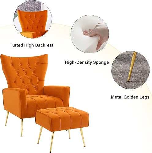 Miniatura 9 de LUCKHAO Silla decorativa de terciopelo con otomana, sillón copetudo con respaldo de alas con reposapiés, moderno sofá individual tapizado para