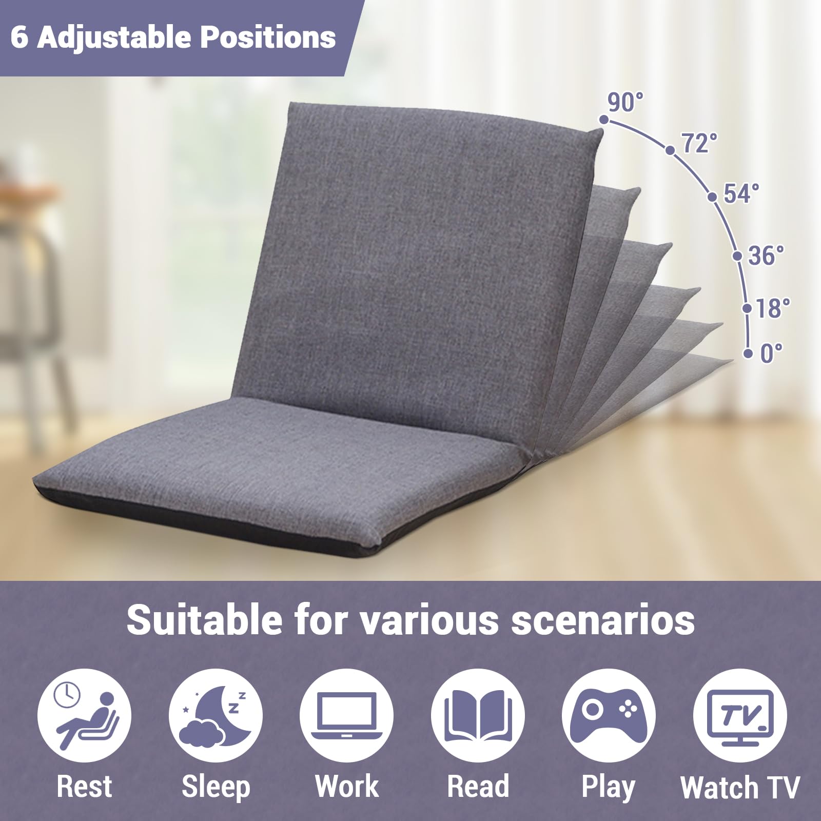 PortoAlegre Chaise de sol, fauteuil de sol, avec dossier réglable sur 6 niveaux, pour méditation, yoga et camping