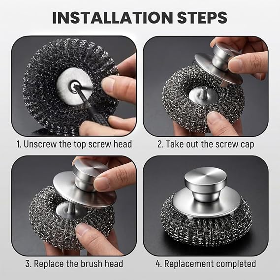 Stainless Steel Wool Scrubber with Handle | Stainless Steel Wool Scrubbers for Cleaning Dishes, Stoves, Pots, Grill, Sink, (2pcs+2pcs Replacement Steel Balls)