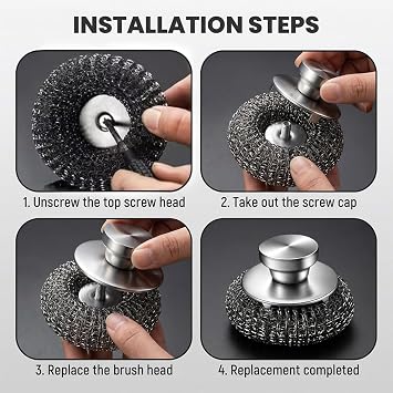 Stainless Steel Wool Scrubber with Handle | Stainless Steel Wool Scrubbers for Cleaning Dishes, Stoves, Pots, Grill, Sink, (2pcs+2pcs Replacement Steel Balls)