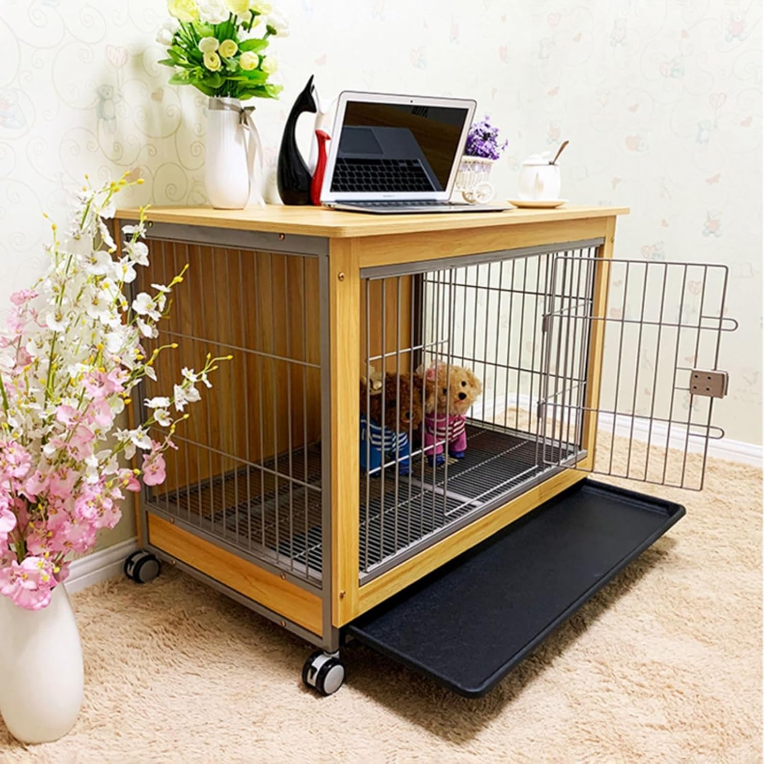 Wooden Dog Cage with Pull-Out Tray-Decorative Heavy Duty Dog Kennel Furniture Indoor -Aesthetic Wooden Dog Crate Furniture-with Lockable Door -for Medium Dogs up to 100 lb. (Color : Brown, Size : 98