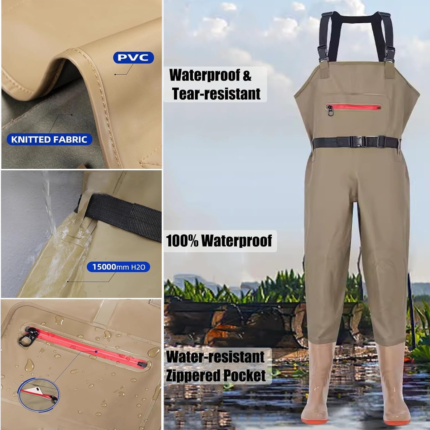 Wodoodporne spodniobuty z PVC, wodoodporne spodnie do brodzenia, buty do brodzenia dla mężczyzn i kobiet, z regulowanymi paskami(Khaki,5)