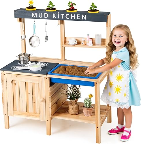 HONEY JOY Cocina de barro, cocina de madera de cedro para niños pequeños, fregadero extraíble, accesorios de cocina, caja de maceta, armario de