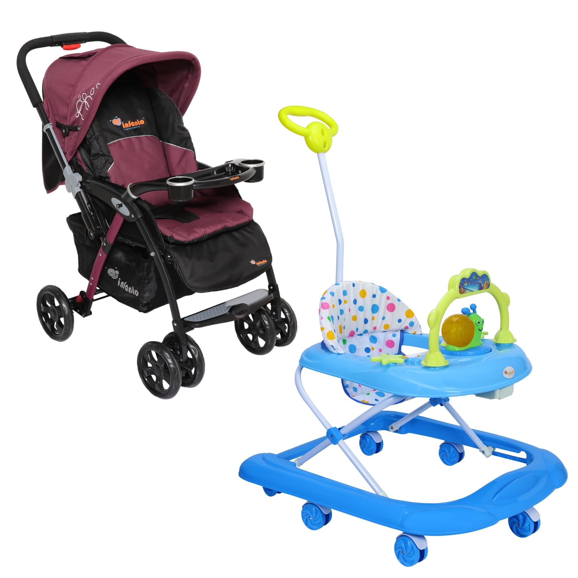 INFANTO Funsteps Musical Baby Walker & D'zire Baby Stroller Combo - Deluxe Walker with Music, Lights & Extra Head Support + Comfort Stroller with Safety Harness & Adjustable Seat-picture-16