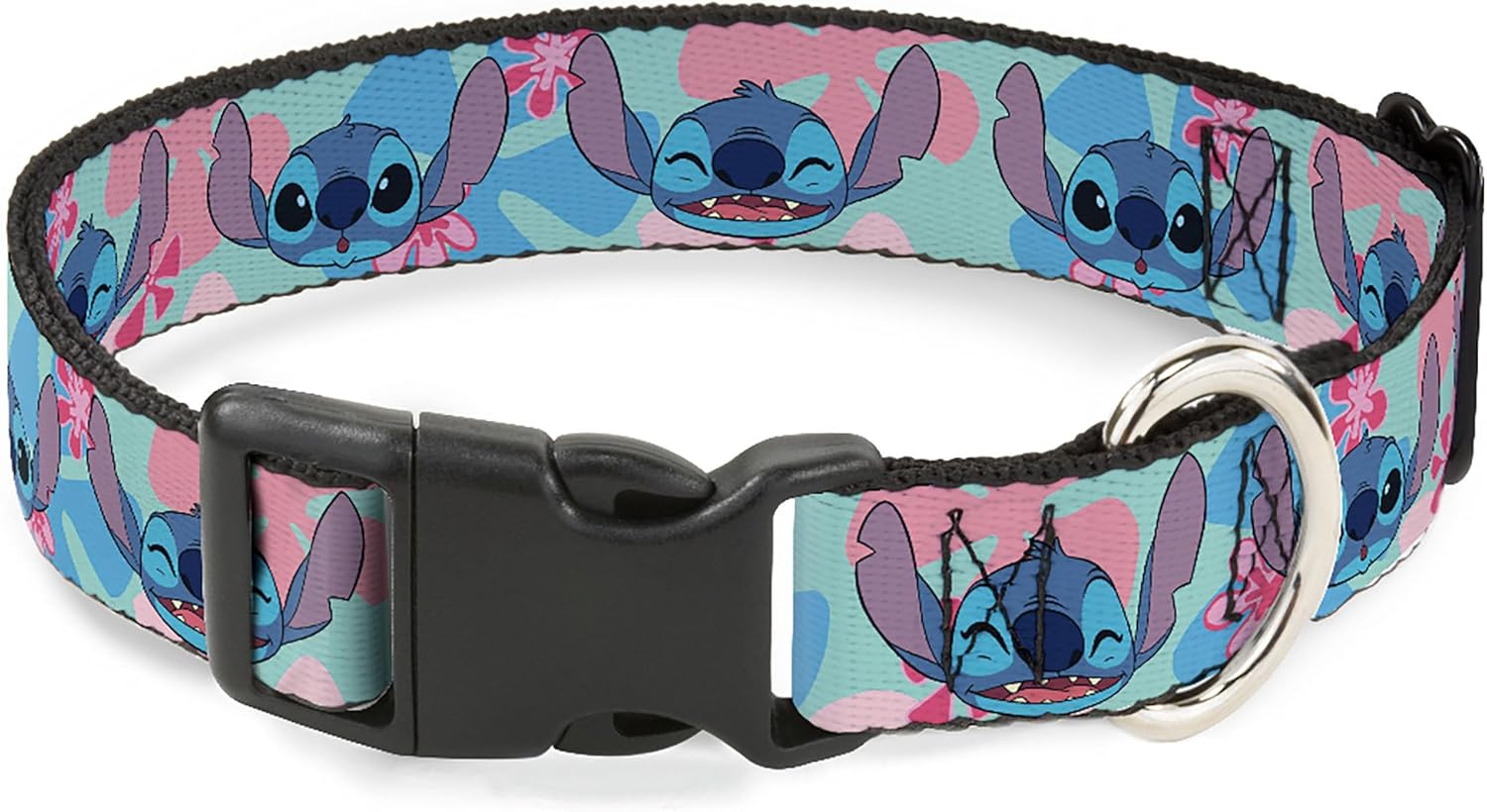 Disney Dog Collar with Plastic Buckle, Quick Release, Easy Adjustable, Lilo and Stitch Stitch Expressions and Flowers Blues Pinks, 16 to 23 Inches 1.5 Inch Wide
