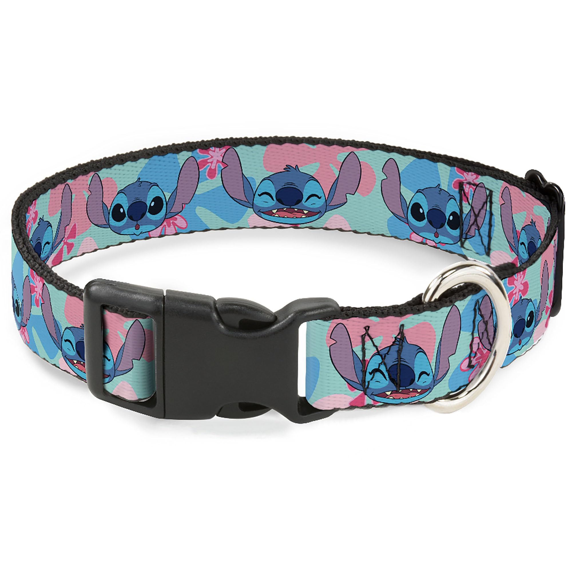 Disney Dog Collar with Plastic Buckle, Quick Release, Easy Adjustable, Lilo and Stitch Stitch Expressions and Flowers Blues Pinks, 11 to 16.5 Inches 1.0 Inch Wide