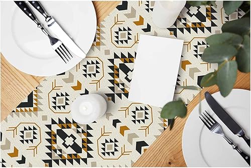 HOSNYE Camino de Mesa Patrón Geométrico Étnico Azteca, Camino de Mesa de Algodón y Lino Decoración para Cocina Mesa de Cena Familiar Fiesta de