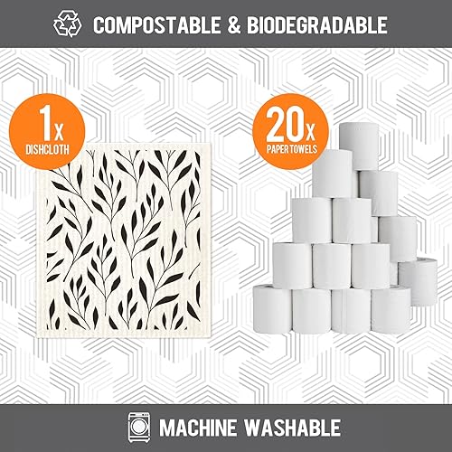 Miniatura 4 de Morigins Paños de cocina suecos para cocina, paquete de 6 paños de esponja de celulosa minimalistas negros, no rayan, toallas de papel