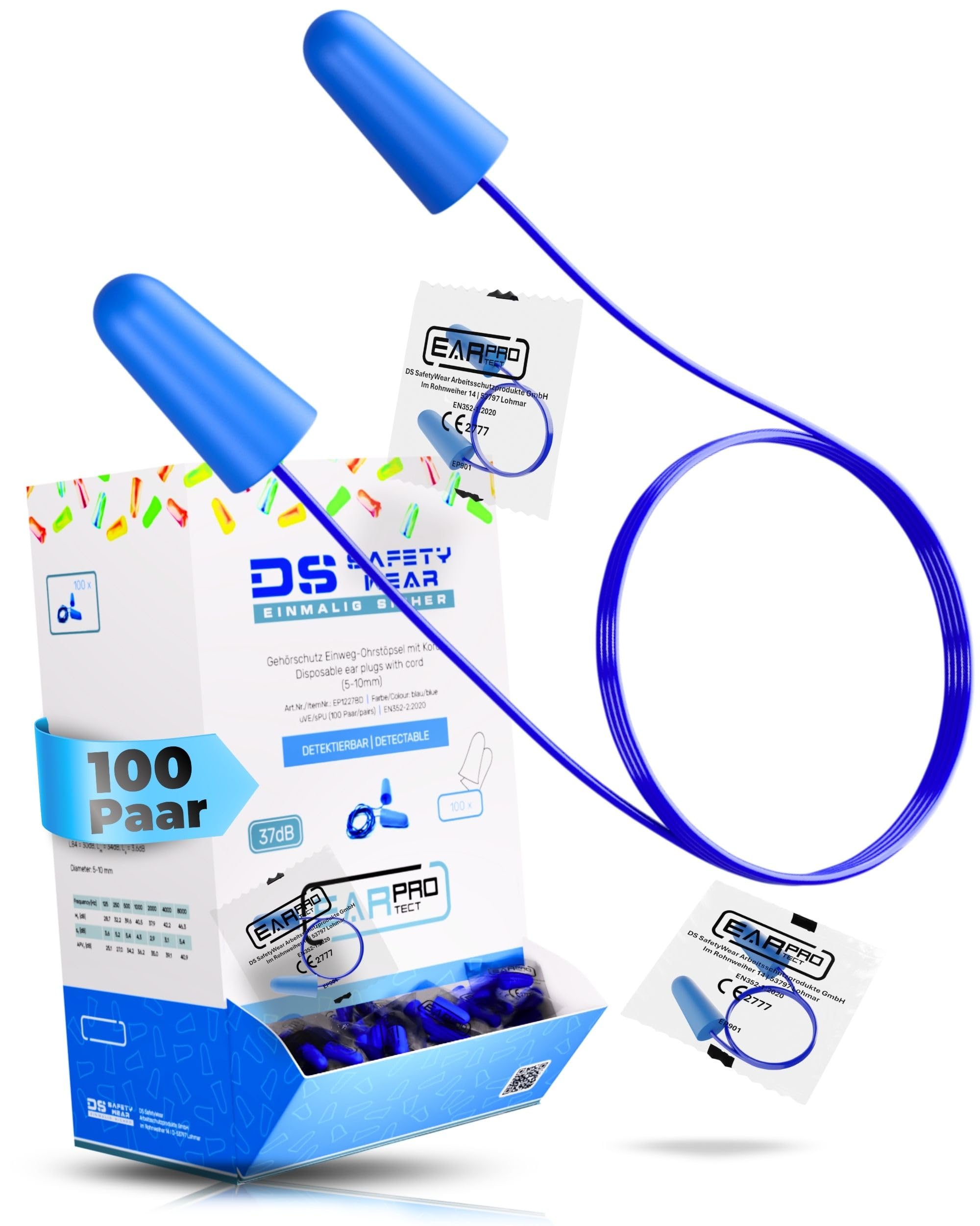 Bouchons d'oreilles détectables avec cordon SNR 37 dB - Bouchons d'oreilles de travail détectables - Protection contre le bruit pour l'industrie alimentaire et le chantier - Protection auditive pour