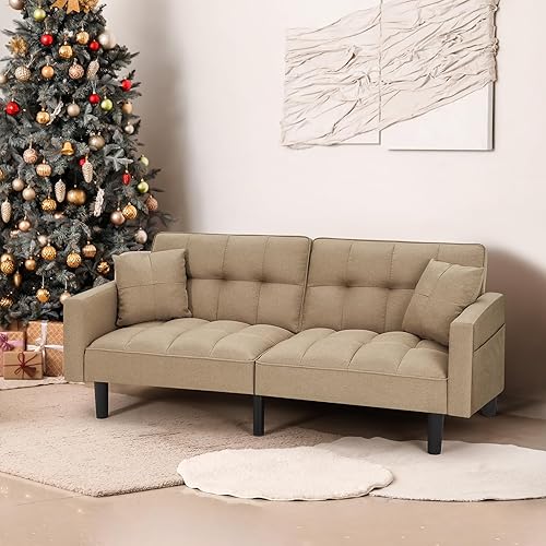Miniatura 26 de AVAWING 74" Faux Leather Futon Sofa Bed with Adjustable Backrest 3 in 1 Convertible Futon Couch with 2 Square Pillows & Side Pockets Modern Loveseat