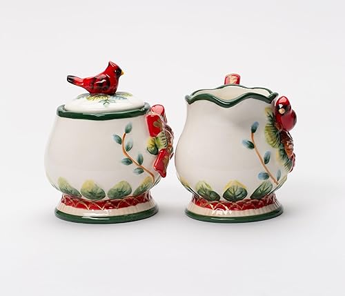 Miniatura 3 de 10555DB Colección Evergreen de Cerámica Fina Rojo Cardenal con Cono de Pino Azúcar y Crema, 4 1/8" H