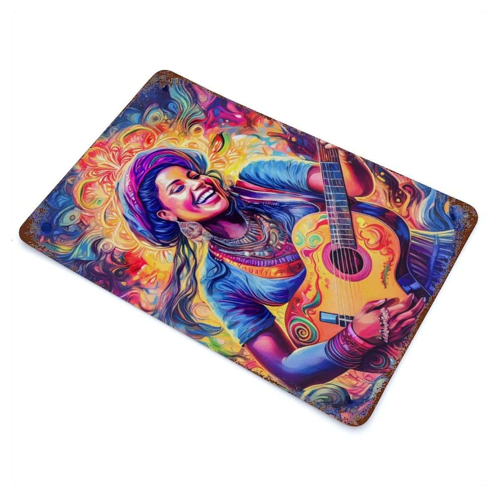 Woman Playing Guitar Psychedelic Decorative Tin Sign 11.8"x7.9", for Bistro, Counter And Cafe Decor, Retro Wall Decor