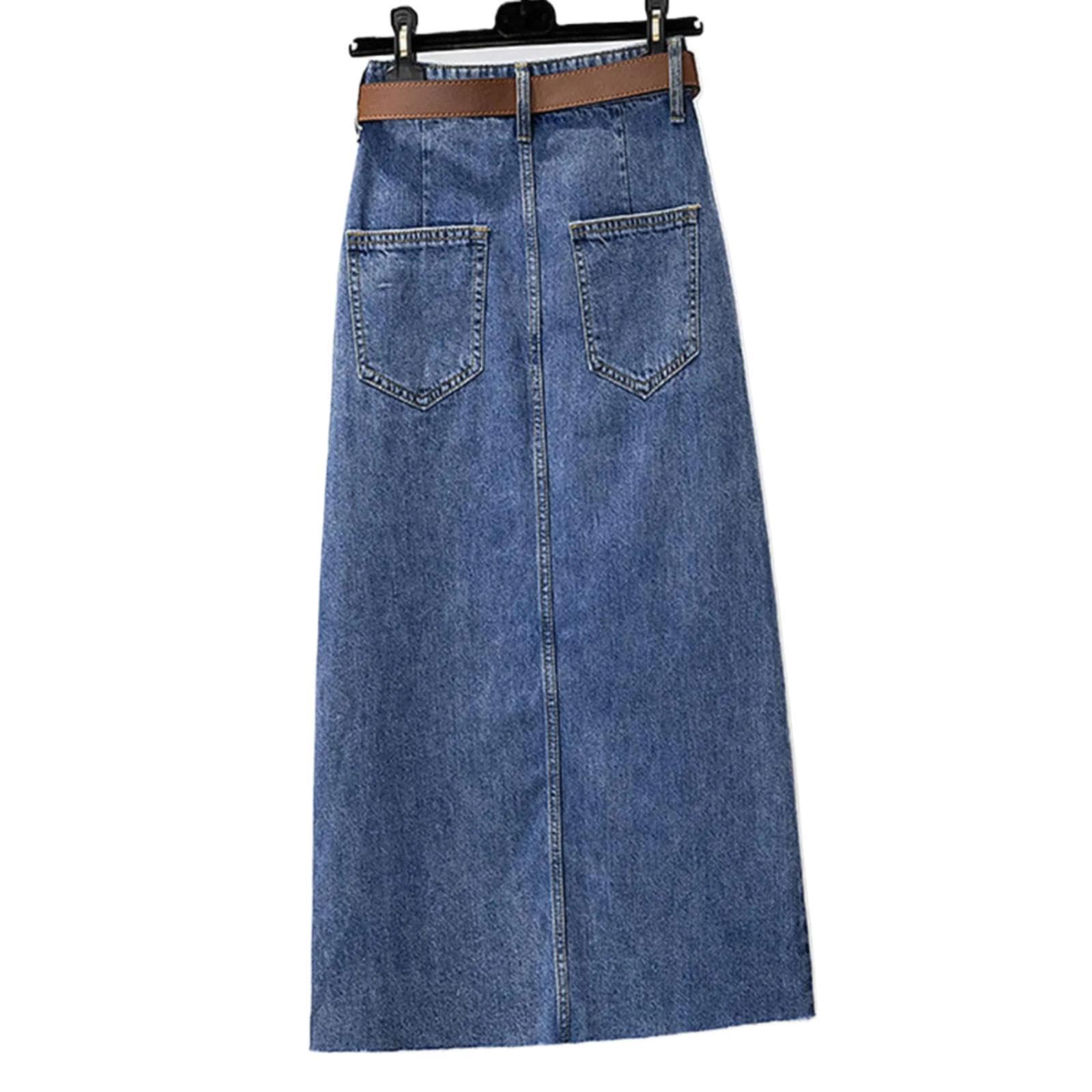 Rock Damen Langer Taille Skirt Linie Falten Jeansrock Für Frauen Split Midirock Weibliche Hohe Taille Taschen Gerade Rock