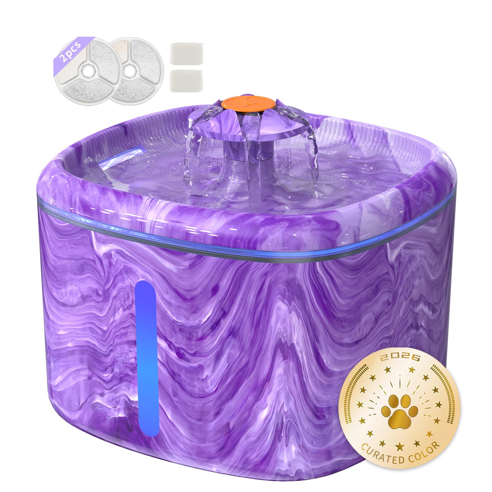 Fuente de agua para gatos morada: fuente de agua automática para mascotas para gatos de interior, 84 onzas/2.5 L, bonita fuente para gatos para beber, luz azul LED, bomba ultra silenciosa mejorada