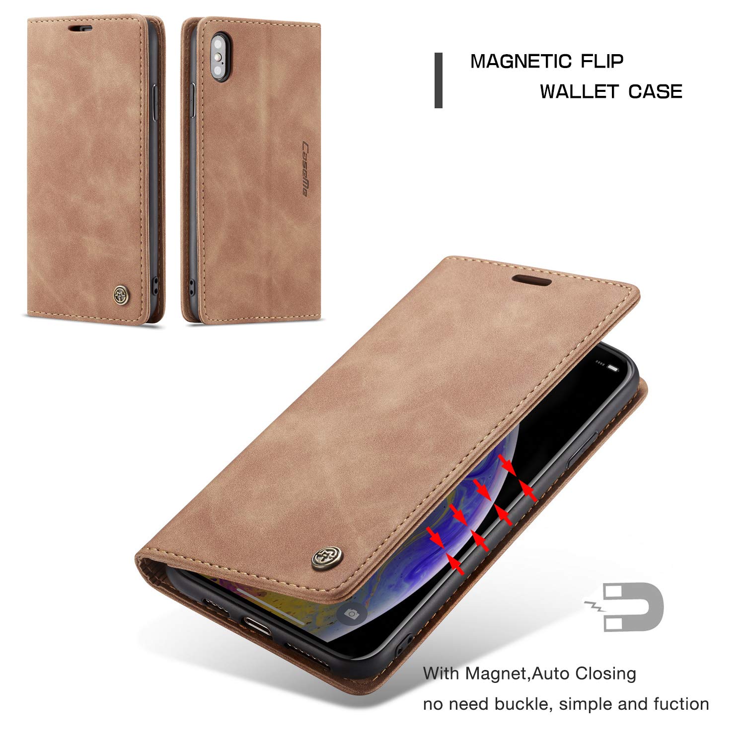Qizyemy Cover Compatibile con iPhone XS/iPhone X(5.8),Flip Custodia in Pelle PU [Slot Cart] [Supporto Stand] [Magnetica] Custodia Protezione Antiurto TPU(Marrone